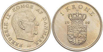 ДАНИЯ 1 КРОНА 1969 C;S, ФРЕДЕРИК IX (1947-1972) KM 851.1 медно-никель 202-817