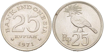 Индонезия 25 рупий 1971 венценосный голубь KM 34 медно-никель 217-436