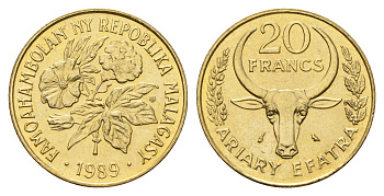 Мадагаскар 20 франков 1989 KM 12 алюминиевая бронза UNC 213-723