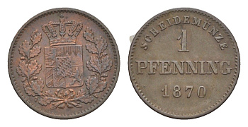 Бавария 1 пфенниг 1870 Людвиг II (1864-1886) KM 856 медь 4649-465