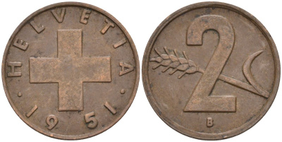 Швейцария 2 раппена 1951 В KM 47 бронза 4114-612