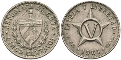 Куба 5 сентаво 1961 звезда, республика (1915-1961) KM 11.3 медно-никель 106-245