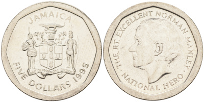 ЯМАЙКА 5 ДОЛЛАРОВ 1995 НОРМАН МЭНЛИ KM 163 сталь 4592-241