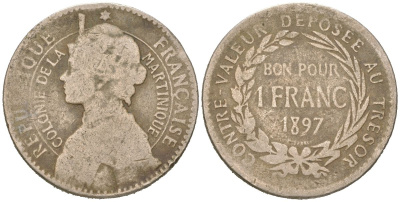 Мартиника 1 франк 1897 KM?41 медно-никель 441-1315