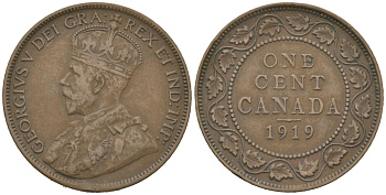 Канада 1 цент 1919 Георг V (1910-1936) KM 21 медь 110-1051