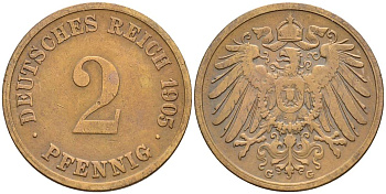 ГЕРМАНИЯ 2 ПФЕННИГА 1905 G KM 16, Jager 11, Weege 4 медь 4546-631