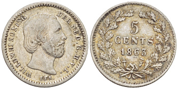 НИДЕРЛАНДЫ 5 ЦЕНТОВ 1863 ВИЛЛЕМ III KM 91 серебро 66-1226