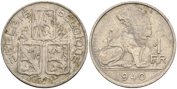 Бельгия 1 франк 1940 BELGIE-BELGIQUE KM 120 никель 4592-454