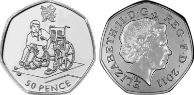 Великобритания 50 пенсов 2011 XXX летние Олимпийские игры в Лондоне в 2012 году, бочча, в оригинальном картонном буклете, с Олимпийской голограммой (6/29) KM 1189 медно-никель  UNC  3-6-6-21