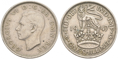 Великобритания 1 шиллинг 1947 Георг VI (1936-1952), Английский герб KM 863, Spink 4103 медно-никель 68-134