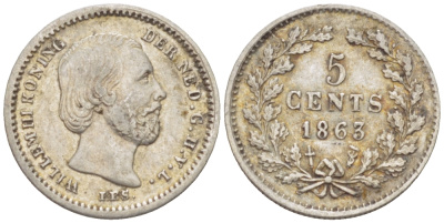 НИДЕРЛАНДЫ 5 ЦЕНТОВ 1863 ВИЛЛЕМ III KM 91 серебро 66-1226