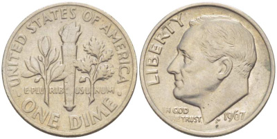 США 10 центов (дайм) 1967 Рузвельт KM 195а медь плакированная медно-никелем 211-1263