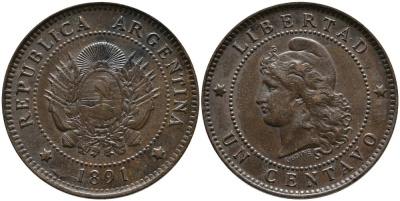 Аргентина 1 сентаво 1891 голова свободы влево KM 7 бронза 4525-1042