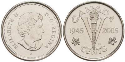 Канада 5 центов 2005 60 лет победы во Второй мировой войне KM 627 никелированная сталь UNC M32-01