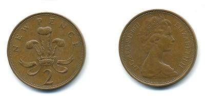 Великобритания 2 пенса 1971 Елизавета II (1952-2022) КМ 916, Spink 4235 (C1) бронза 4110-626
