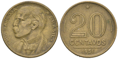 Бразилия 20 сентаво 1951 Руй Барбоза ди Оливейра KM 562 алюминиевая бронза 4596-227