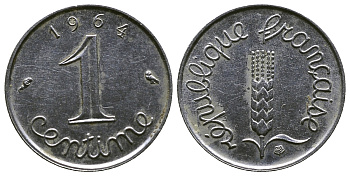 ФРАНЦИЯ 1 САНТИМ 1964 KM 928 хромированная сталь 4381-611