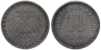 Германия 10 пфеннигов 1921 A KM 20, J. 298 железо 4119-216