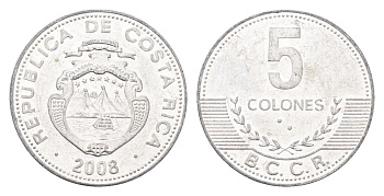 Коста-Рика 5 колонов 2008 KM 227b алюминий aUNC 4664-748