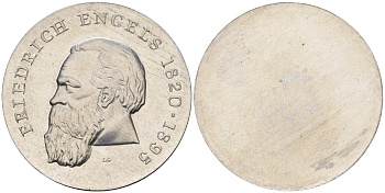 ГДР 20 марок 1970 150 лет со дня рождения Фридриха Энгельса, односторонний алюминиевый чекан на лицевой стороне, тираж 300 штук алюминий UNC 00-820-58