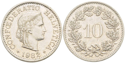 Швейцария 10 раппенов 1982 KM 27 медно-никель 4529-716