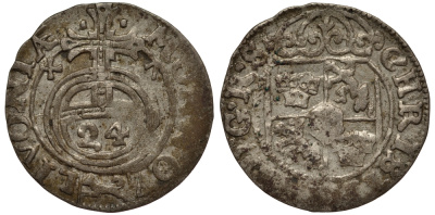 Ливония, Рига 1/24 талера 1647 Шведская оккупация, Кристина (1632-1654), минтмарк собака, вес 1,17 гр. KM 3 серебро 1516-621