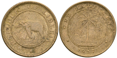 Либерия 1/2 цента 1937 KM 10 латунь 4174-348