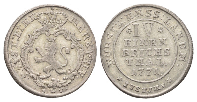 Гессен-Кассель 1/4 талера 1771 FU, Фридрих II Гессен-Кассельский (1760-1785) KM 491 серебро 1529-1333