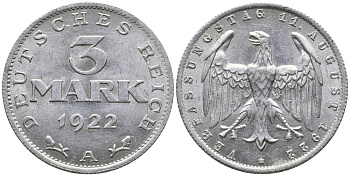 Германия 3 марки 1922 А, третья годовщина Веймарской Конституции KM 29, J. 303 алюминий 38-243