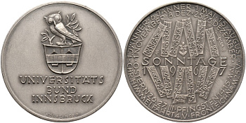 Австрия медаль 1967 серия университет Инсбрука, открытия 1967 года, медальер Kolblinger, диаметр 40 мм., серебрение бронза 4552-235