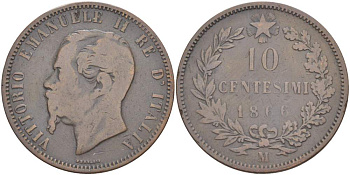 ИТАЛИЯ 10 ЧЕНТЕЗИМО 1866 M, МОНДВОР МИЛАН, ВИКТОР ЭММАНУИЛ II (1861-1878) KM 11.1 медь 4526-744