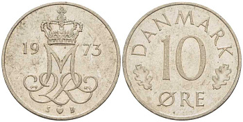 ДАНИЯ 10 ЭРЕ 1973 S; B, МАРГРЕТЕ II (1972-) KM 860.1 медно-никель 4387-1154