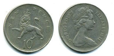 Великобритания 10 пенсов 1975 Елизавета II (1952-2022) KM 912, Spink 4231 (F1) медно-никель 57-157
