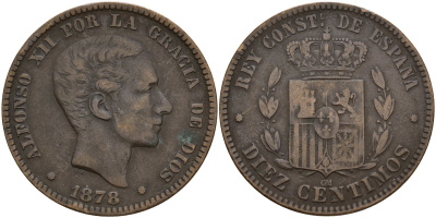 Испания 10 сентимо 1878 Альфонсо XII (1875 - 1885) KM 675 бронза 4157-135