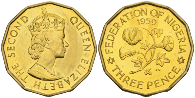 Нигерия 3 пенса 1959 Елизавета II (1952-), Британский протекторат KM 3 никель латунь PROOF 3711-241