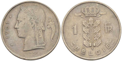 БЕЛЬГИЯ 1 ФРАНК 1951 BELGIE, БОДУЭН I (1951-1993) KM 143.1 медно-никель 202-944