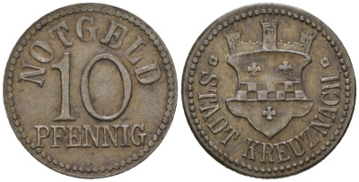 Кройцнах (Пруссия, Рейн) 10 пфеннингов ND Funck 259.1, Men18 17446.1 железо 4586-1047