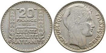 Франция 20 франков 1933 Пьер Тюрен KM 879, Le Franc 400.3 серебро 4386-421