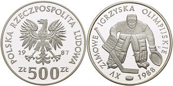 Польша 500 злотых 1987 MW, XV зимние Олимпийские игры 1988 года в Калгари, хоккей с шайбой, вратарь KM 172, Parchimowicz 330 серебро PROOF 1085-1-75