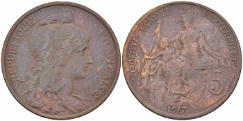 ФРАНЦИЯ 5 САНТИМОВ 1917 ТИП ДАНИЭЛЬ ДЮПЮИ KM 842, LE FRANC 119.30 бронза 108-1016