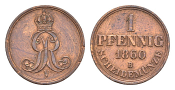 Ганновер 1 пфенниг 1860 B, Георг V (1851-1866) KM 233, AKS 156, J. 90 медь    4658-1061