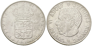 Швеция 1 крона 1961 U, Густав VI Адольф (1950-1973) KM 826 серебро aUNC 68-743