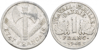 ФРАНЦИЯ 1 ФРАНК 1942 LB, ТИП LOURDЕ, ПРАВИТЕЛЬСТВО ВИШИ KM 902.1, LE FRANC 222.2 алюминий 77-916