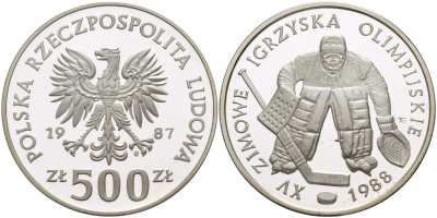 Польша 500 злотых 1987 MW, XV зимние Олимпийские игры 1988 года в Калгари, хоккей с шайбой, вратарь KM 172, Parchimowicz 330 серебро PROOF 1085-1-75