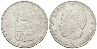 Швеция 1 крона 1961 U, Густав VI Адольф (1950-1973) KM 826 серебро aUNC 68-743