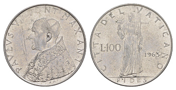 Ватикан 100 лир 1963 Павел VI KM 82 нержавеющая сталь aUNC 4648-136