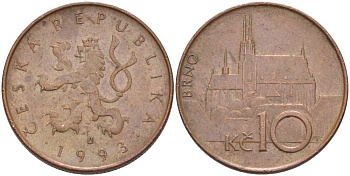 ЧЕХИЯ 10 КРОН 1993 КАФЕДРАЛЬНЫЙ СОБОР ГОРОДА БРНО KM 4 сталь плакированная медью 61-1124