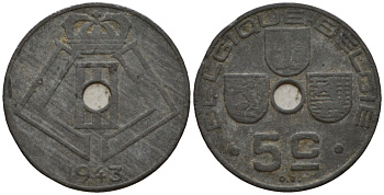 Бельгия 5 сантимов 1943 Belgique - Belgie KM 123 цинк 4548-1237
