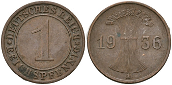 Германия 1 рейхспфенниг 1936 A KM 37, J. 313 бронза 4528-863