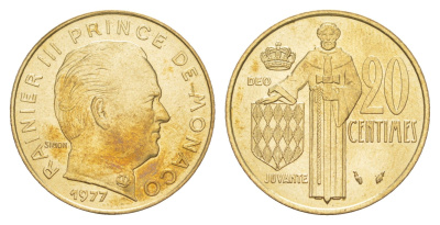 Монако 20 сантимов 1977 Ренье III (1949-2005) KM 143 медь алюминий никель UNC 4646-1154